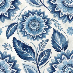 Botanical Flourish: Exquisite blue floral motifs bloom across a textured canvas, showcasing intricate detail and a harmonious palette.  