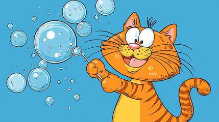 Playful tabby cat blowing bubbles, surrounded by colorful soapy spheres