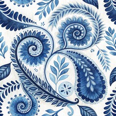 Blue Floral Delight: A seamless pattern showcases a delicate dance of indigo-hued floral motifs, evoking a sense of tranquil elegance, with leaves and intricate paisley design.