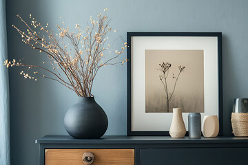 Minimalist home decor with dried flowers and artwork