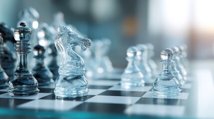 A close-up of a glass chessboard showing a clear knight and pawn with blurred pieces in the background, highlighting transparency and strategy.