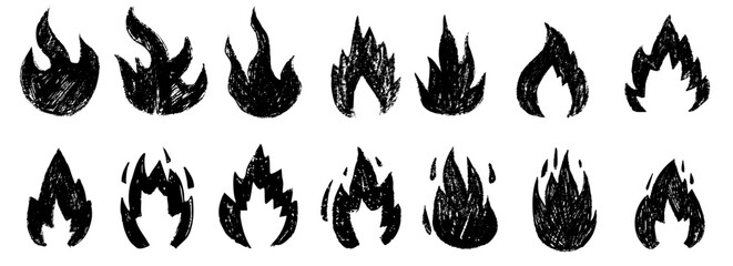 Flame fire crayon chalk doodle sketch vector illustration. Burning punk rock rough grunge elements collection isolated on white background. Stickers, print decoration. © Alina Nikitaeva