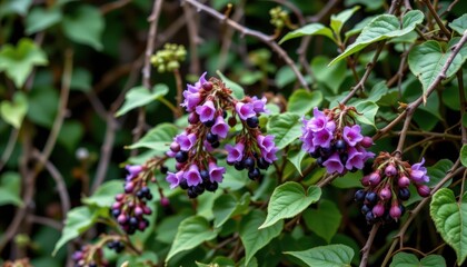 small clusters of nightshade with purple flowers and dark berries growing among thorny vines adding mystery to a shadowy gothic garden