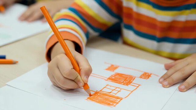 A young childs hand holding an orange crayon, drawing on a white sheet of paper