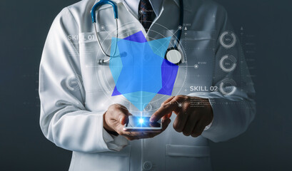 Doctor using mobile device with futuristic holographic interface. Medical data, AI diagnostics, health monitoring, smart technology, digital healthcare innovation and advanced medical analytics.