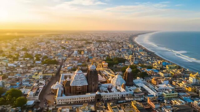 Aerial View of Temple Buildings and Coastal City at Sunset in Puri India with Golden and Blue Colors