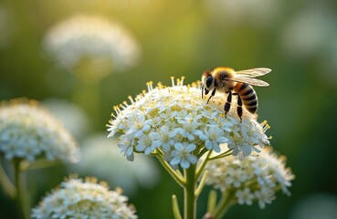 Macro view of bee collecting nectar from white yarrow flowers. Blurred green background with sunlight. Nature scene with insect on blooming meadow plant during spring or summer.