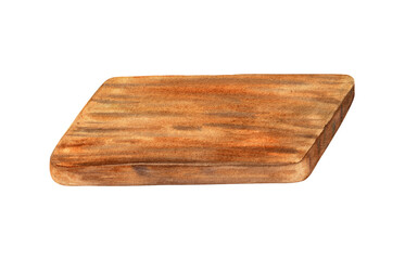 Brown cutting board side view. Watercolor hand drawn illustration isolated on white for menu design, packaging.