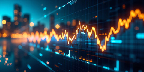 Futuristic financial data graph glowing on digital screen interface with abstract city lights background, ideal for finance technology, stock analytics, cryptocurrency, and smart data concept visuals