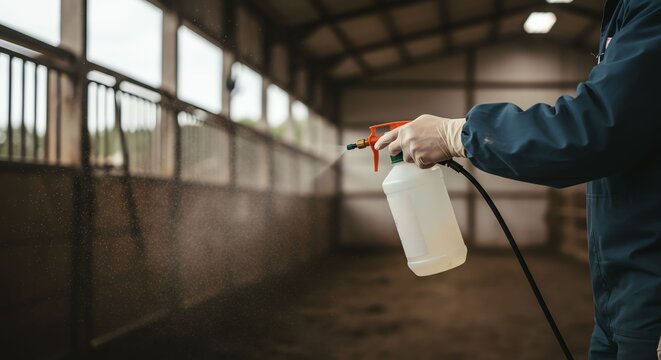 Person Spraying Disinfectant in Indoor Stable with Wooden Fencing and Natural Light