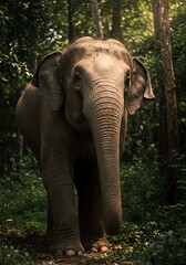 Fototapeta premium Young Elephant Standing in Lush Green Forest Natural Habitat