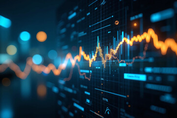 Futuristic financial data graph glowing on digital screen interface with abstract city lights background, ideal for finance technology, stock analytics, cryptocurrency, and smart data concept visuals