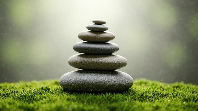 Stacked stones balance peacefully atop vibrant green moss in nature promoting tranquility and mindful meditation