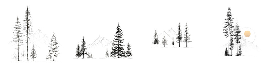 Obraz premium Pine Tree Silhouette Set: Minimalist Black and White Landscape