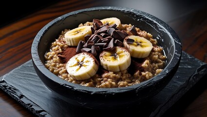 Gourmet Chocolate Banana Oatmeal in Black Slate Bowl with Cacao Nibs – Dramatic High‑Contrast Food Photography