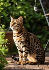 Beautiful Bengal Cat Sitting Outdoors in Sunlight Surrounded by Green Foliage