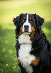 Fototapeta premium Beautiful Bernese Mountain Dog Sitting in Green Field with Yellow Flowers