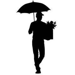 Silhouette of delivery person with umbrella protecting flowers from rain, thoughtful service