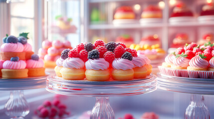 Sweet pastries with berries. Showcase in a candy store. Glass stand with cake eclairs and tartlets. refrigerator shelves with sweets. Confectioner's work space