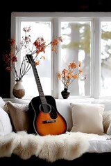 Still life of a guitar nestled on a cushioned seat, combining musical presence with a soft, calm setting.
