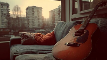 Still life of a guitar nestled on a cushioned seat, combining musical presence with a soft, calm setting.