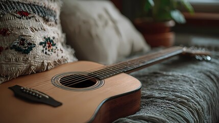 Still life of a guitar nestled on a cushioned seat, combining musical presence with a soft, calm setting.