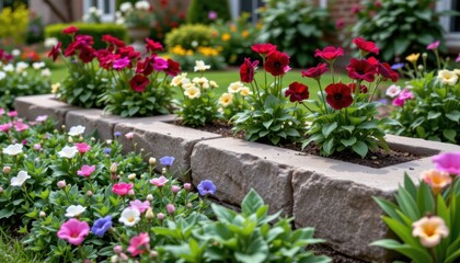 place dark flowers in raised beds at eye level to maximize visual prominence against lower green plants creating layered depth in the garden design