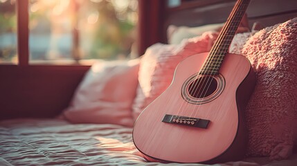 Still life of a guitar nestled on a cushioned seat, combining musical presence with a soft, calm setting.