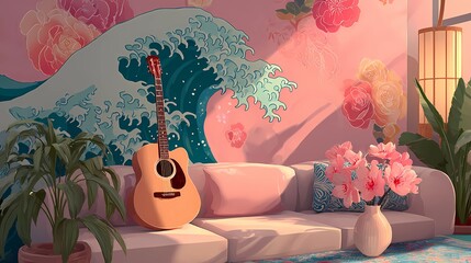 Still life of a guitar nestled on a cushioned seat, combining musical presence with a soft, calm setting.