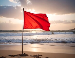 Red flag warns of danger at beach at sunrise