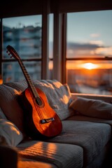 Still life of a guitar nestled on a cushioned seat, combining musical presence with a soft, calm setting.