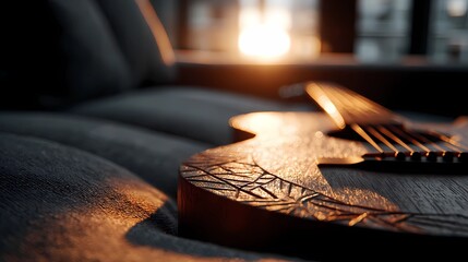 Still life of a guitar nestled on a cushioned seat, combining musical presence with a soft, calm setting.