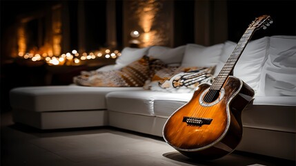 Still life of a guitar nestled on a cushioned seat, combining musical presence with a soft, calm setting.