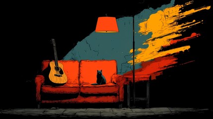 Still life of a guitar nestled on a cushioned seat, combining musical presence with a soft, calm setting.