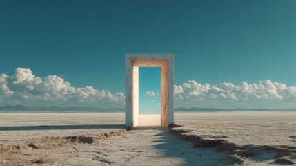 A solitary doorframe stands in a vast desert under a bright sky filled with scattered clouds, symbolizing mystery and opportunity.
