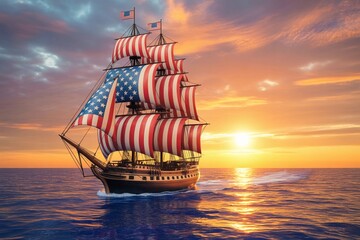Columbus Day 1492 Historic Ship with American Flag Sails.