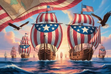 Columbus Day 1492 Historic Ship with American Flag Sails.