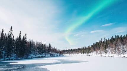 A serene landscape of northern lights over a snowy forest, with a clear foreground for text placement,