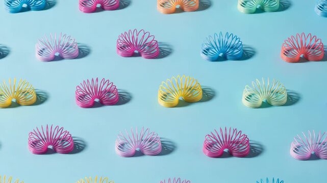 A colorful collection of slinky toys arranged in a repeating pattern on a blue background