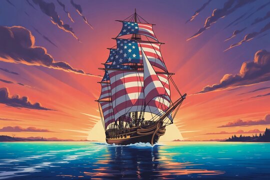 Columbus Day 1492 Historic Ship with American Flag Sails. - Powered by Adobe