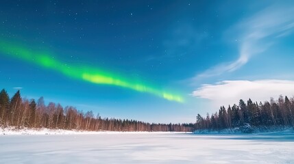 A serene landscape of northern lights over a snowy forest, with a clear foreground for text placement,
