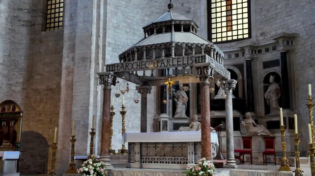 Basilica of San Nicola in Bari, view of the main altar with the sarcophagus of Queen Bona and figure of St. Nicholas, Bari, Puglia, Italy