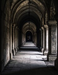 Fototapeta premium Long Dark Hallway in Abandoned Building with Weathered Stone Columns