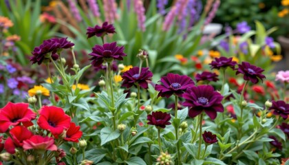 arrange dark flowers in staggered heights with taller plants behind to create depth and emphasize the dark blooms in the foreground