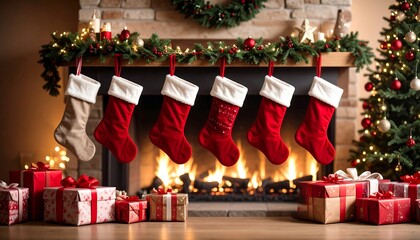 Festive fireplace scene with stockings and gifts