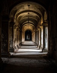 Obraz premium Long Dark Hallway in Abandoned Building with Weathered Stone Columns