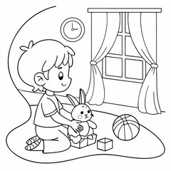 Special Child Sitting with Therapy Rabbit on Lap – Kawaii Line Art Coloring Page for Emotional Support