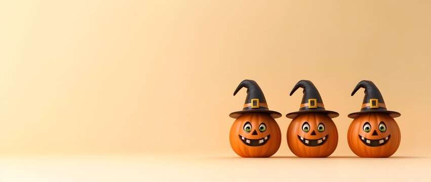 Three halloween pumpkins wearing witch hats creating festive atmosphere