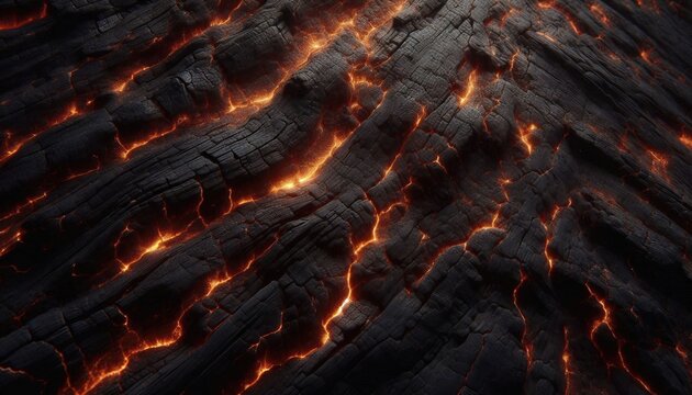 Charred wood with glowing cracks