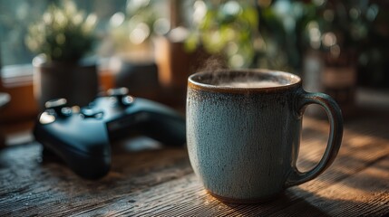 A steaming cup of coffee sits on a wooden table next to a video game controller, with soft natural light and plants blurred in the background.